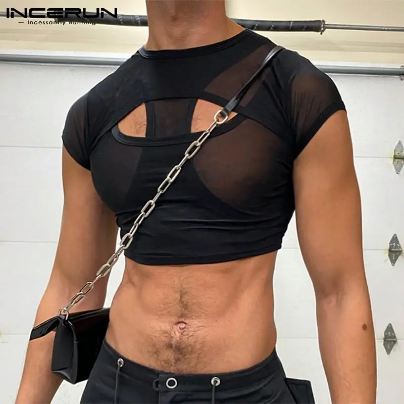 

INCERUN Fashion All-match Simple New Men Leisure Camiseta Short Irregular Tees Hollow Solid Stretch Short Sleeve Tops 2023 S-5XL