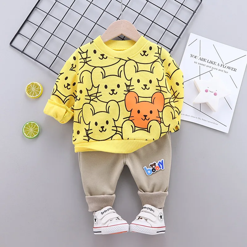 

2021 Spring New Children's Clothing Korean Baby Round Neck Long Sleeve Sweater Pants Cartoon Two Piece Set Fashion
