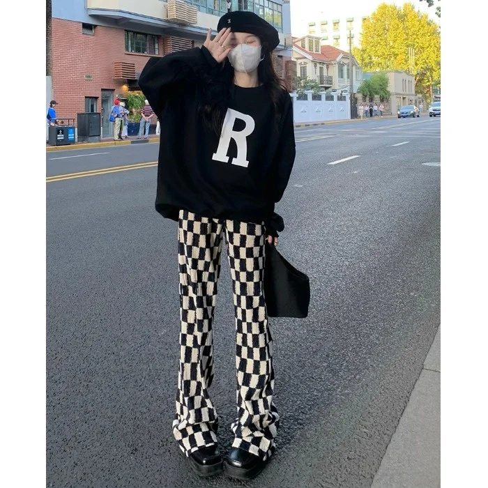 Свободные широкие брюки женские зимние шахматные повседневные новинка 2021