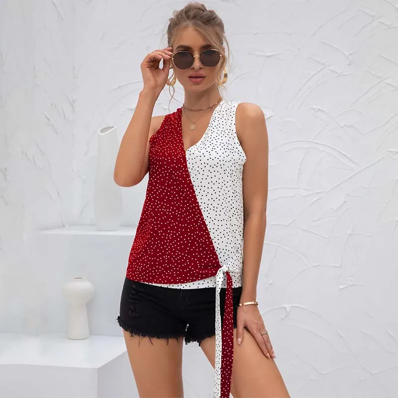 

Summer Sexy Sleeveless Tank Top T-shirt Women Patchwork Polka Dot Bandage Pullover Tops Casual Loose Plus Size Vest Tee Shirt