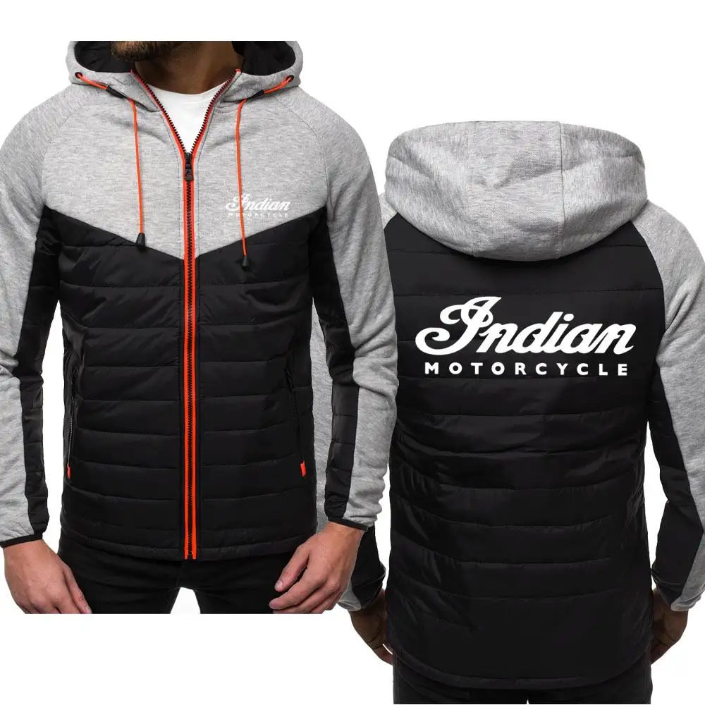 

New Fashion Indian Motorcycle Logo Hoody Spliced Jacket Men Spring Autumn Hoodies Casual Coat Hooded Fleece Sport Zipper Tops