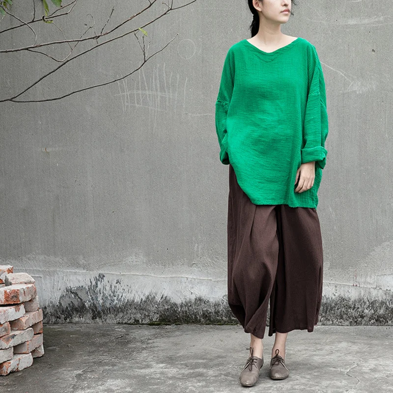 Женские хлопковые льняные футболки Johnature зеленые весенние свободные