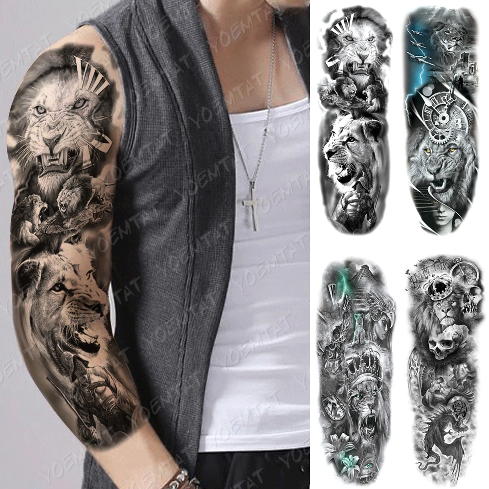 

Large Arm Sleeve Tattoo Lion Warrior King Waterproof Temporary Tatto Sticker Lightning Crown Skull Body Art Full Fake Tatoo Men