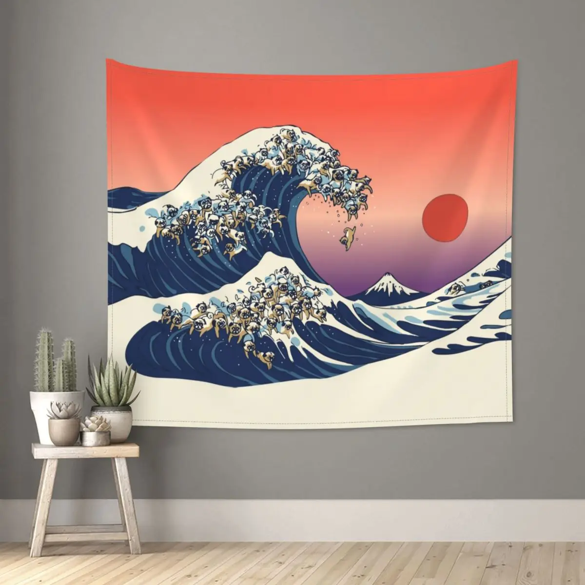 Гобелен в стиле хиппи с изображением большой волны мопса полиэстер настенный