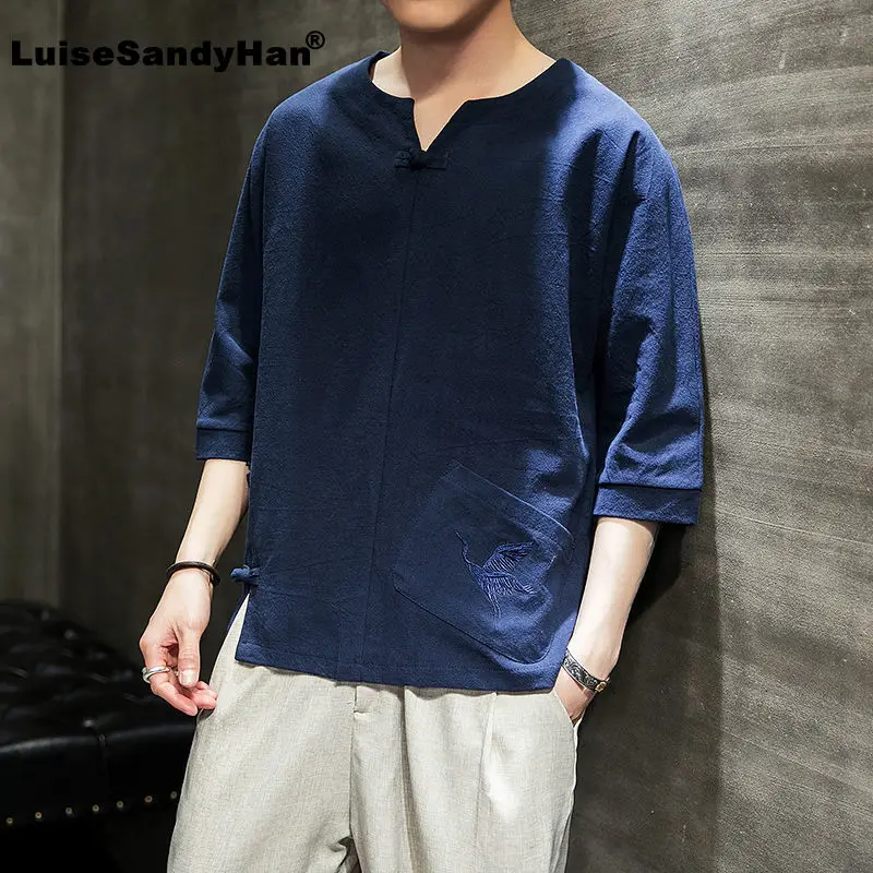 Мужская свободная футболка большого размера с вышитыми пуговицами и рукавом