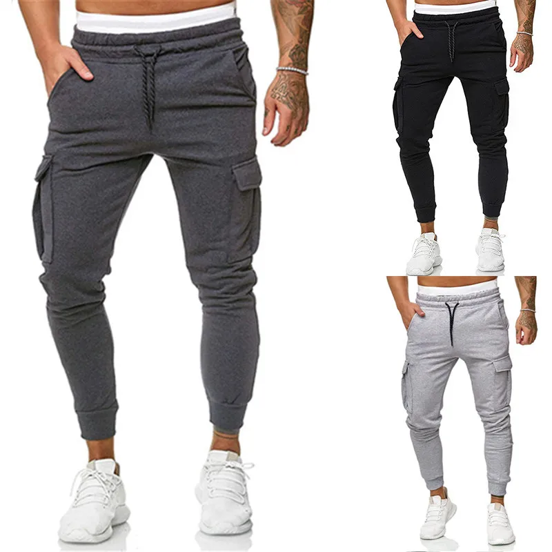 

Mens Flap Pocket Trousers Drawstring Elastic Waist Cargo Joggers Slim Fit Sweatpants Casual Long Pants