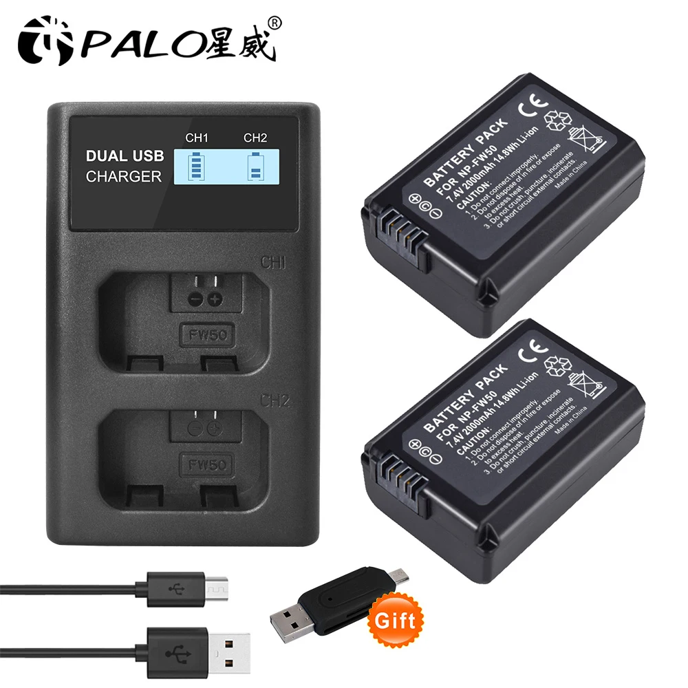 PALO 2000mAh NP-FW50 NP FW50 Camera Battery + USB LCD Dual Charger for Sony Alpha a6500 a6300 a7 7R a7R II a7II NEX-3 NEX-3N | Электроника