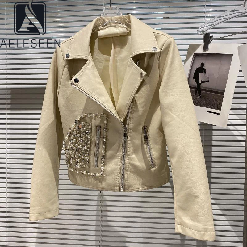 

AELESEEN Moto & Biker Style Jacket 2021 Runway Fashion Black Beige Autumn Punk Beading Crystal Zipper Outwear Jacket