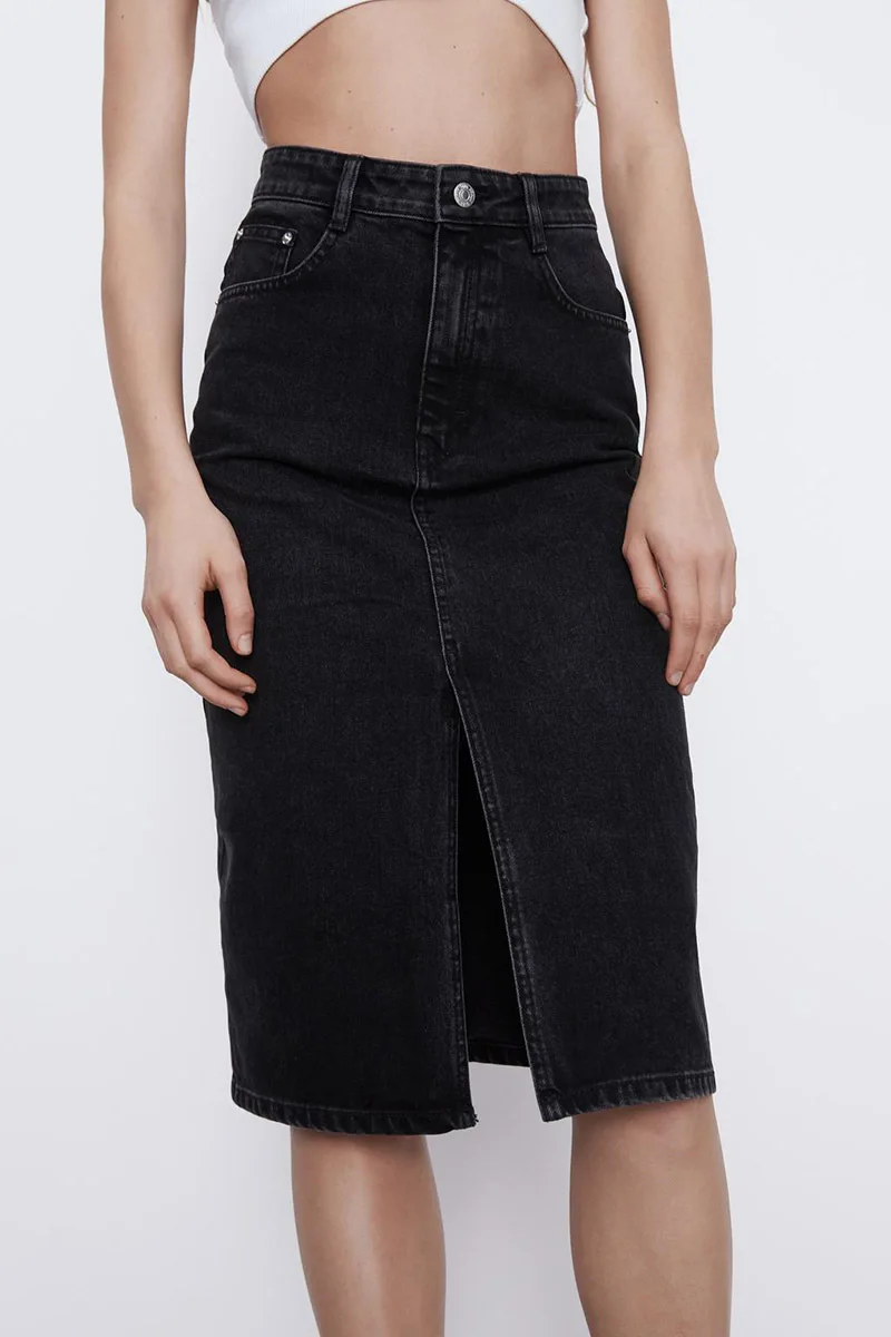 

European and American style spring and summer new split chic mid-length high waist thin package hip denim skirt female