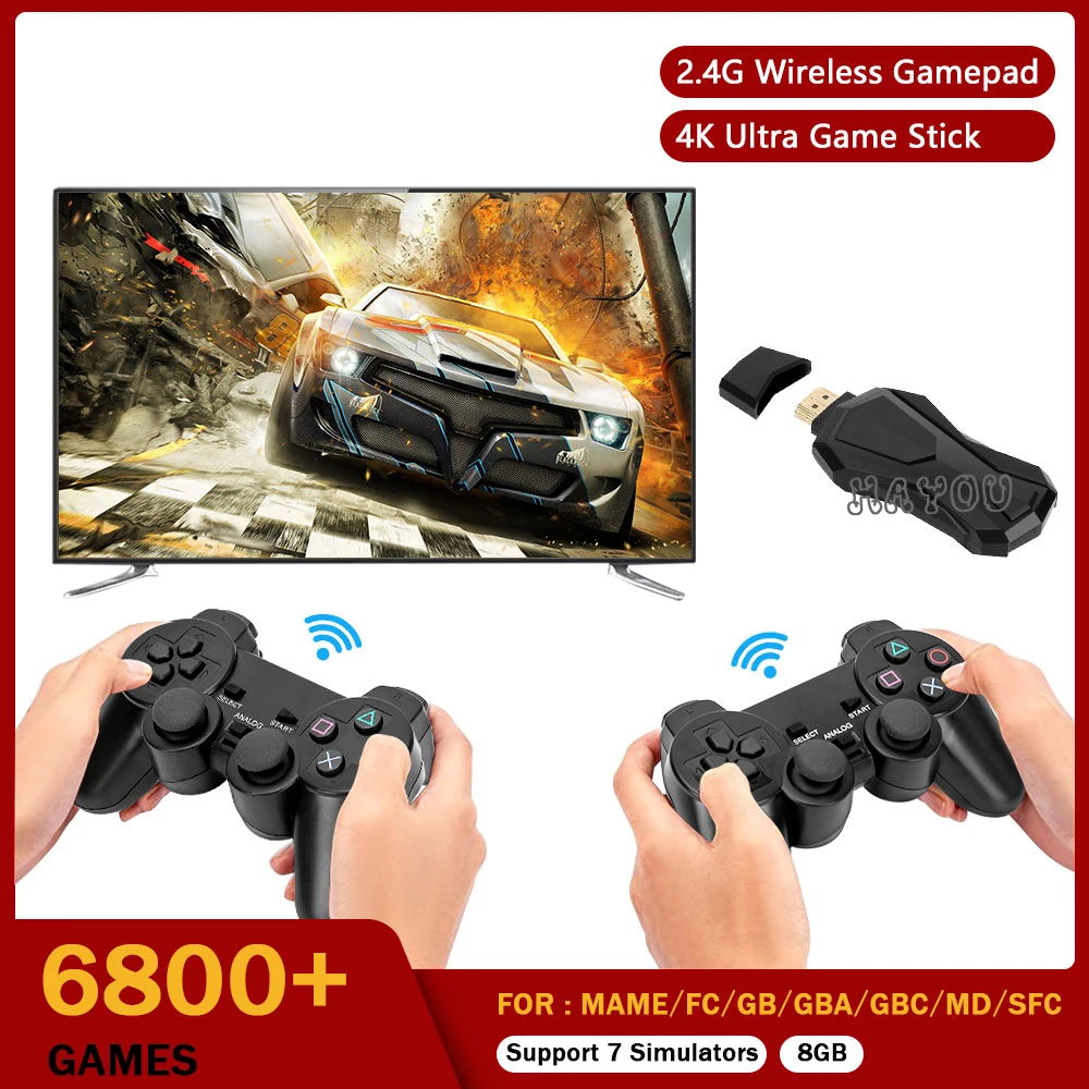

TV Video Game Console 4K HD Game Stick with 6800+ Games Video Game Player for MAME/FC/GBA/MD 7 Emulators 2 Wireless Controllers