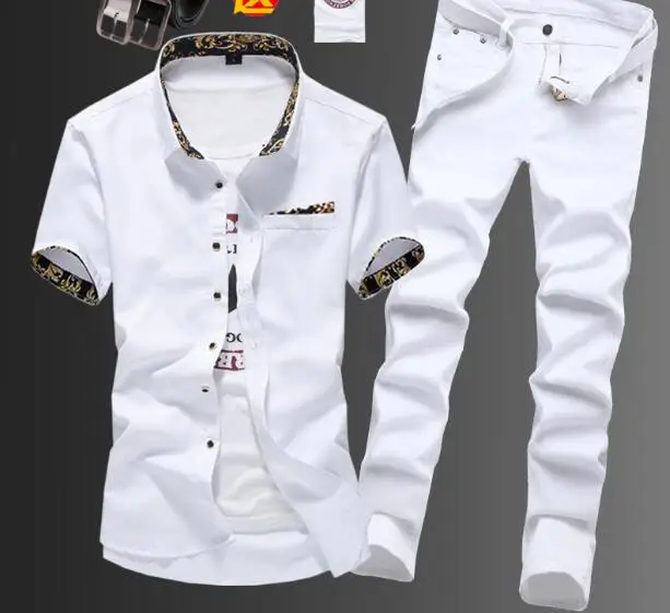 Весна и лето мужская Корейская тонкая рубашка с коротким рукавом джинсовые брюки