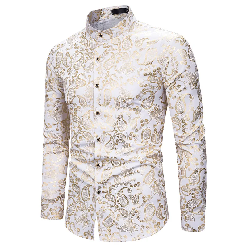 

Gold New Style Paisley Mandarin Collar Shirt Men Brand Slim Fit Long Sleeve Mens Dress Shirts Business Wedding Groom Men Shirt