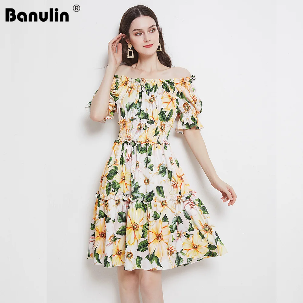 

Banulin 2021 Summer Women Holiday Boho Midi Dress Runway Puff Sleeve Slash Neck Elastic Waist Ruffles Beach Dress Robe N7366