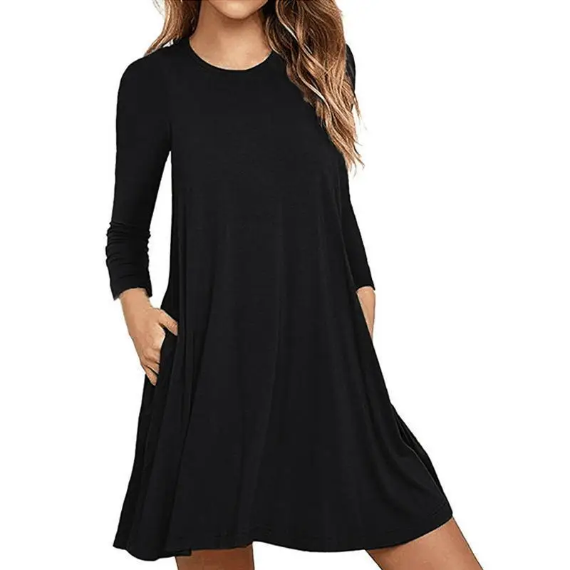 

Long Sleeve Sweatshirt Travel Dress for Spring Loose Nightdress with Pocket Ruffle Hem Bottom Straight Dresses Solid MAE