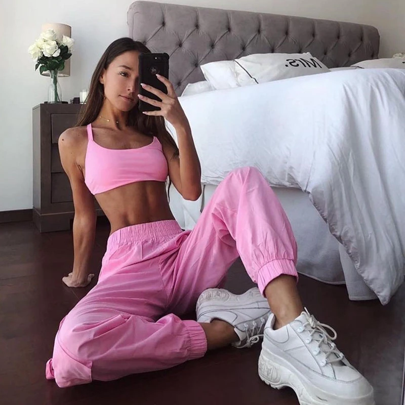 Женский спортивный костюм Флуоресцентный цвет брюки-карго для бега повседневные