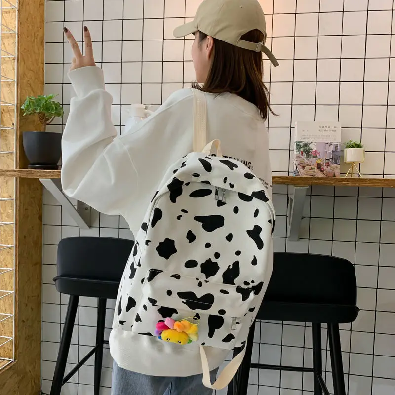 

Harajuku Fashion Student Schoolbag Female New Cow Pattern Cute Girl Canvas Bag Korean Backpack Outdoor Travel Multi-function