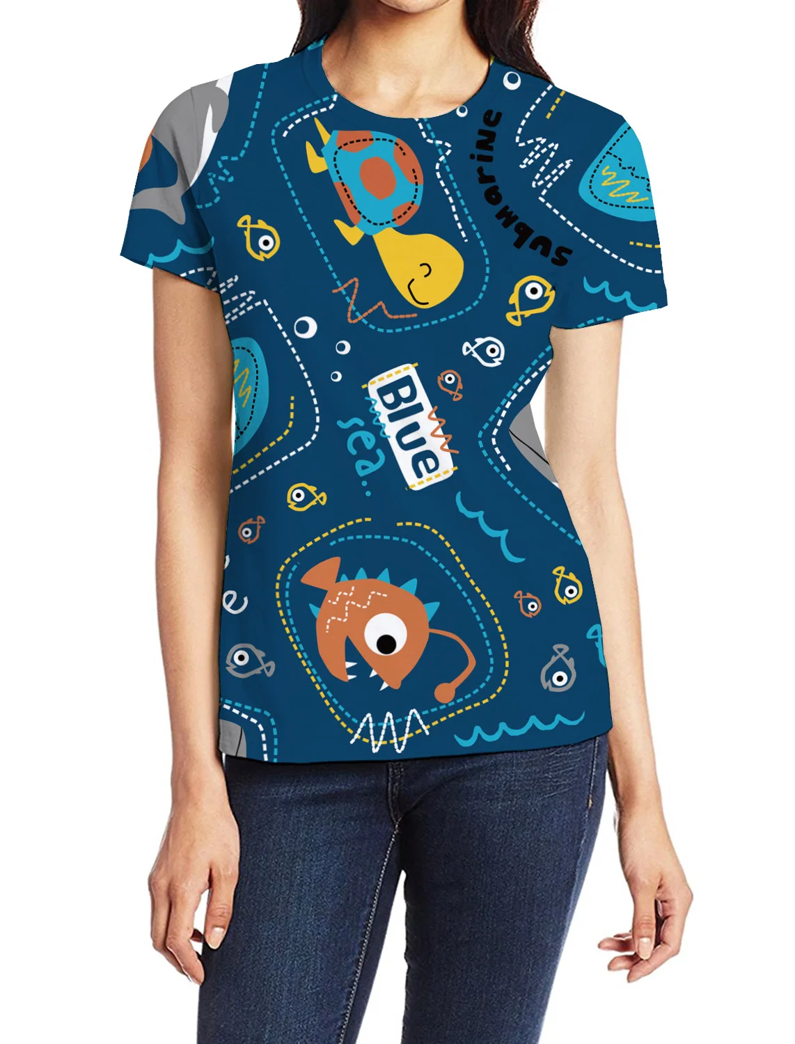 Космический корабль синий морской Кит черепаха футболка женская короткий рукав