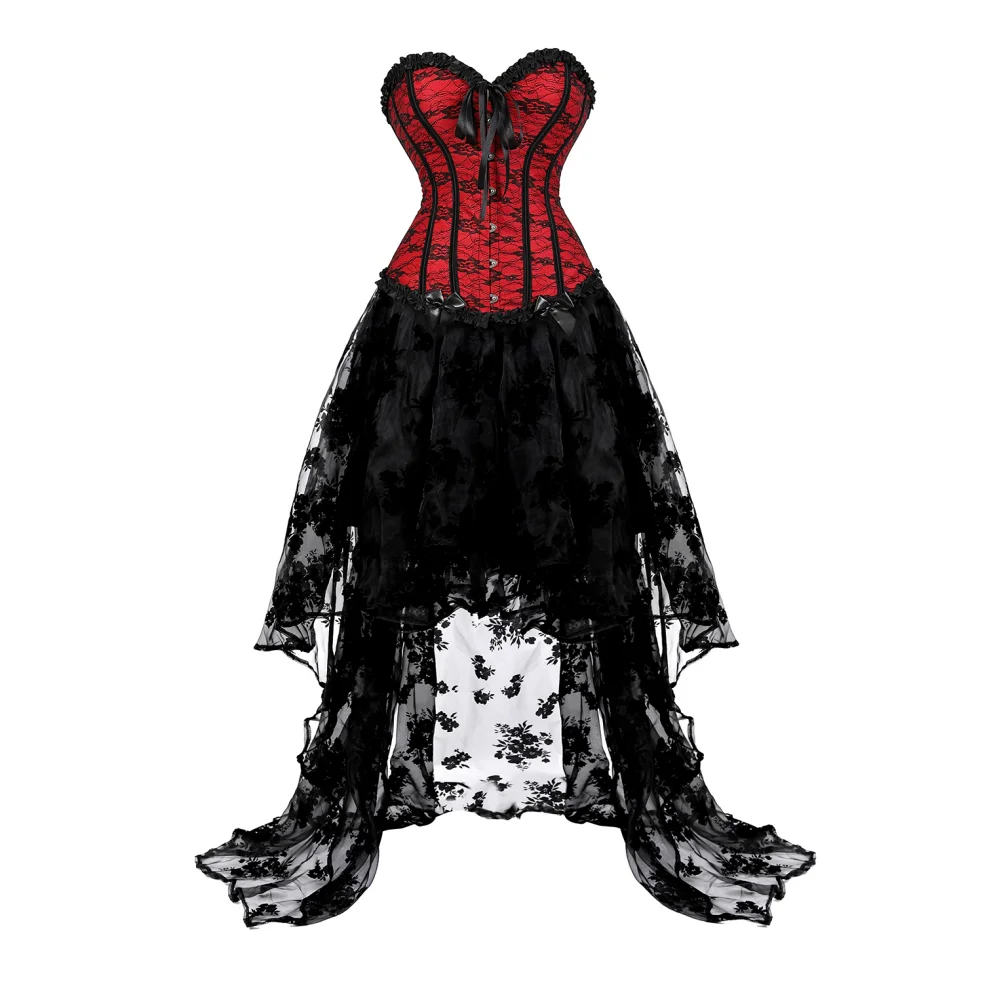 

Corset Dress Sexy Overbust Waist Corsets Bustiers Vintage Black Tulle Long Lace High Low Irregular Steampunk Skirt Corset Top
