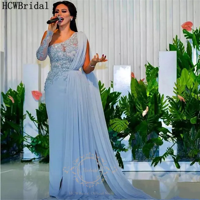 Женское вечернее платье на одно плечо Dusty Blue шикарные Украшенные бусинами