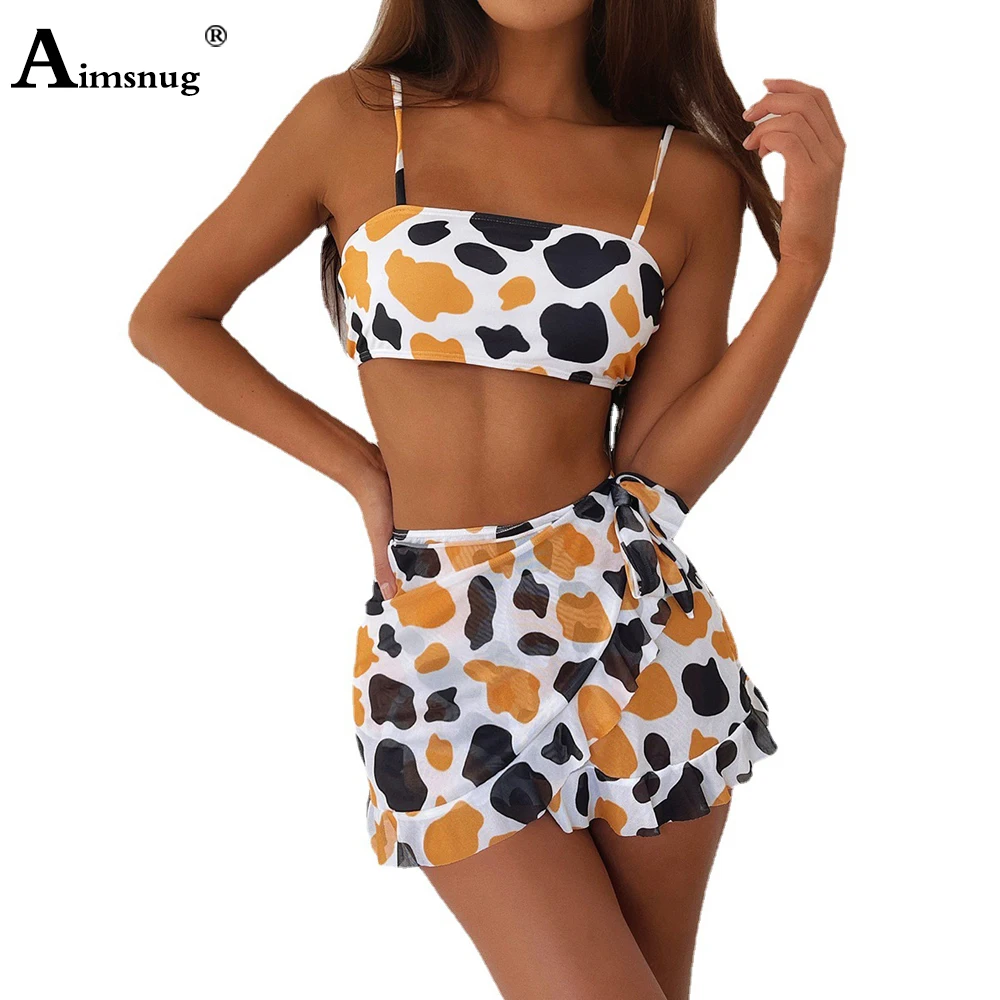 

Women Bikini Sets Three Pieces Swimsuit Fashion Colorblock Print Beachwear Western Style 2022 Summer New Casual Skirts Cover-up
