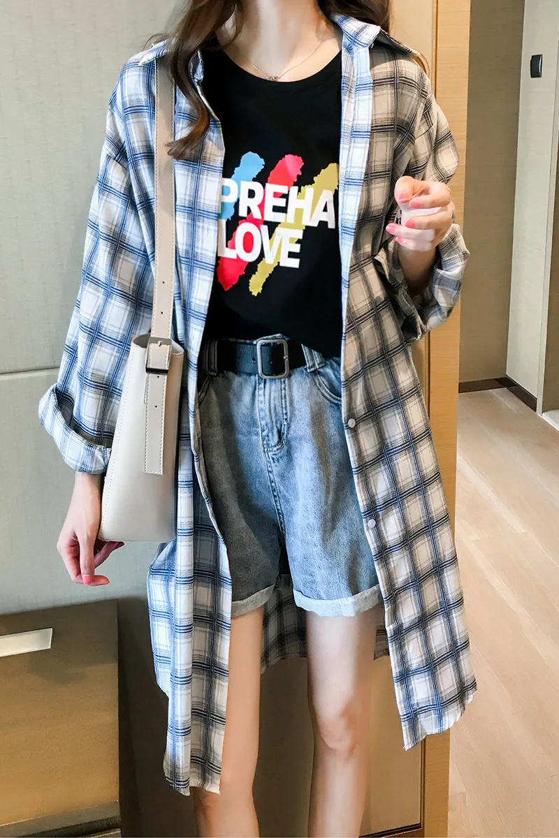 Plaid Blouse Women Long-sleeve Thin Section Sun Protection Long Skirt Blusas mujer de moda 2020 Shirt Tops Womens Plus Size