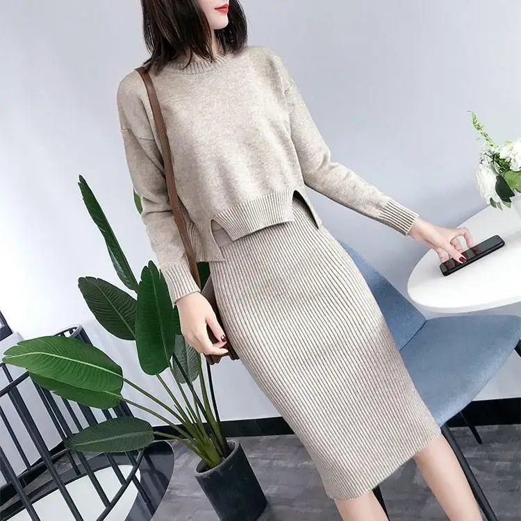 Элегантный женский Однотонный свитер юбка Женский комплект 2 шт. Мода О образный