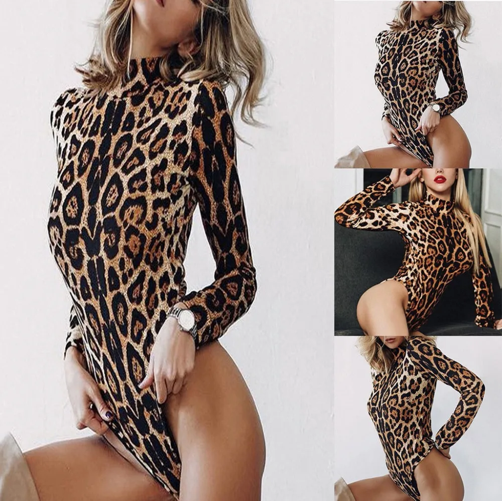 

2019 Women's Fashion Women Sexy Leopard Print Standing Collar Long Sleeve Jumpsuits Rompers Outfit Casual Skinny Party Z0308