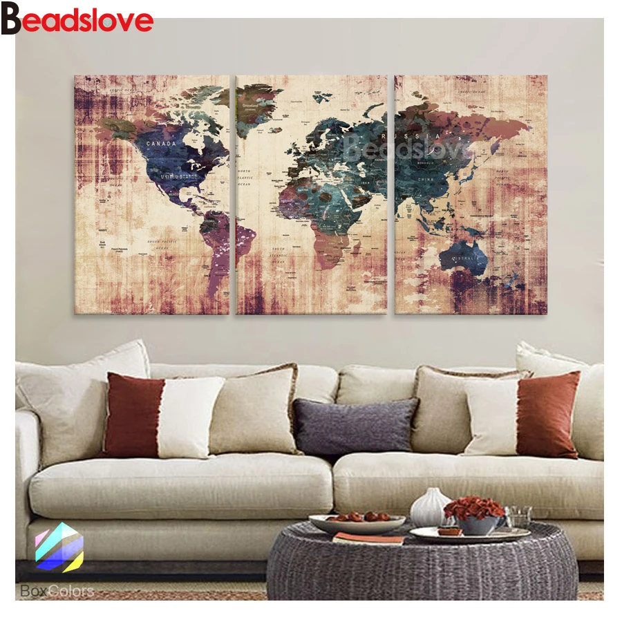 

Hallway decoration 3 Pieces Classic World Famous Map diamond Painting Modular mosaic rhinestone Pictures diamond embroidery