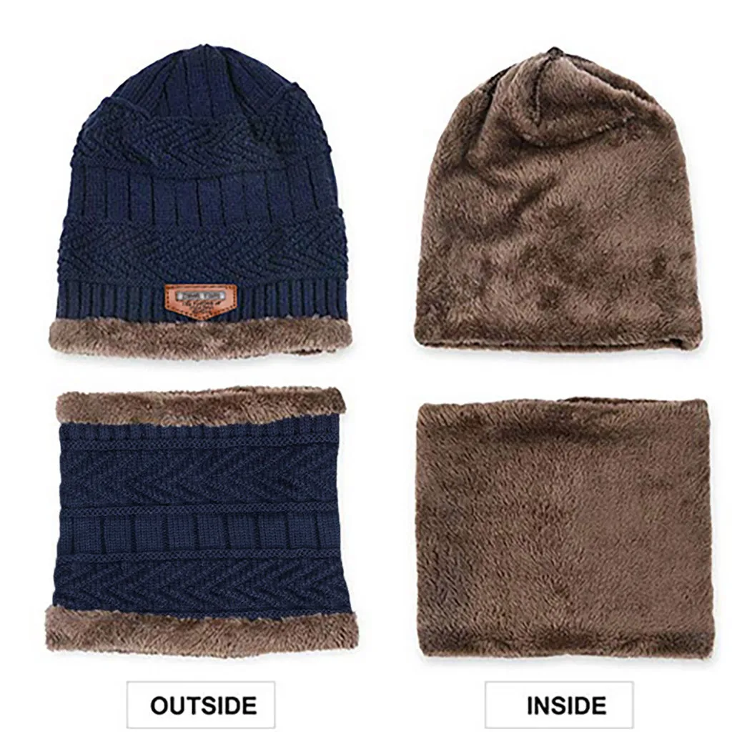 Мужская теплая шапка Skullies+ мягкий шарф, комплект из двух предметов, зимняя утолщенная шапка, Мужская ветрозащитная вязаная шапка, грелка для шеи# T5P