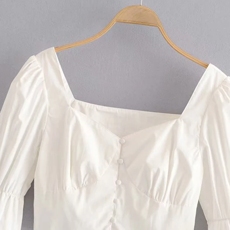 Женская винтажная блузка с коротким рукавом и буффами в стиле ретро | одежда