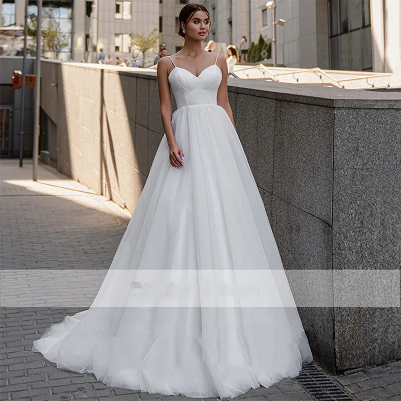

Charming Sweetheart Weeding Dress 2021 Summer Simple Sexy Organza A-Line Spaghetti Straps Sweep Train Bride Gown Custom Made
