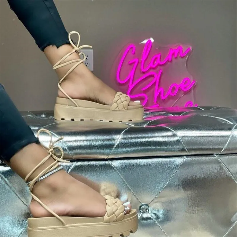 

Women's Gladiator Sandal Woman Platform Wedge Cross Tied Casual Shoe Summer Sexy Lady Ankle Wrap Lace Up Footwear Plus Size 43