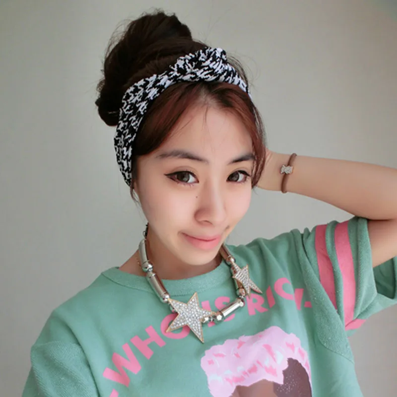 J17320 Good stretchy 100% cotton new fashion lady hair headband houndstooth printed knot accessories for women |