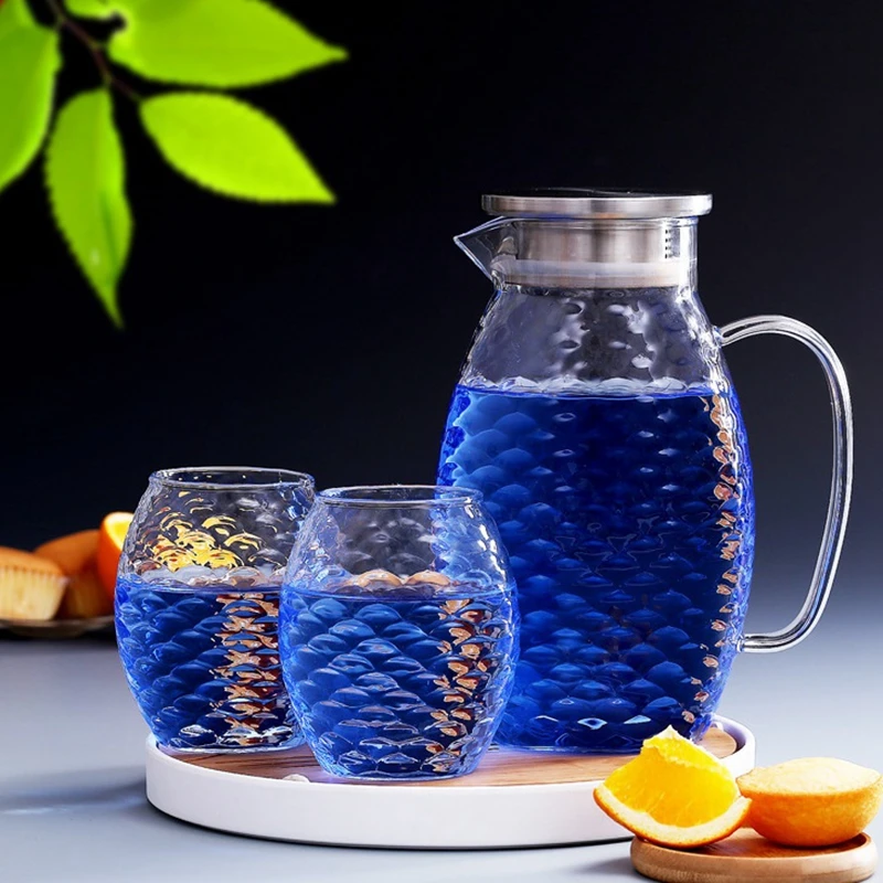 

1.5L/2L Fish Scale Shape Glass Water Jug Set Cha Tea Pot Pitcher Champagne Cocktail Jug And Cup Lemonade Fruit Juice Drinkware