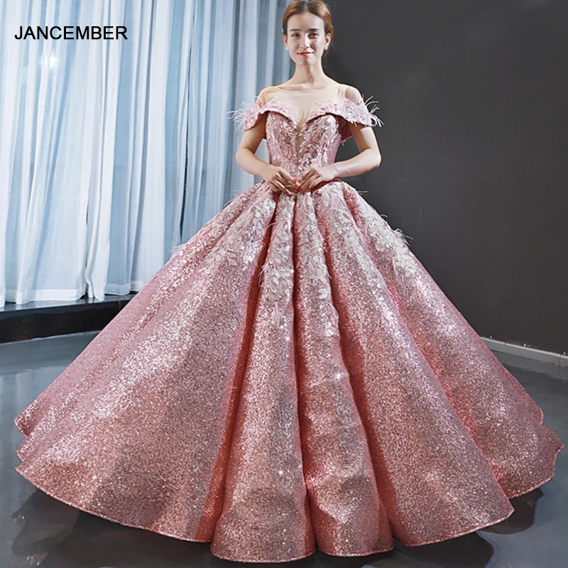 J66936 jancдекабря розовое платье для Quinceanera 2020 милое с открытыми плечами перьями