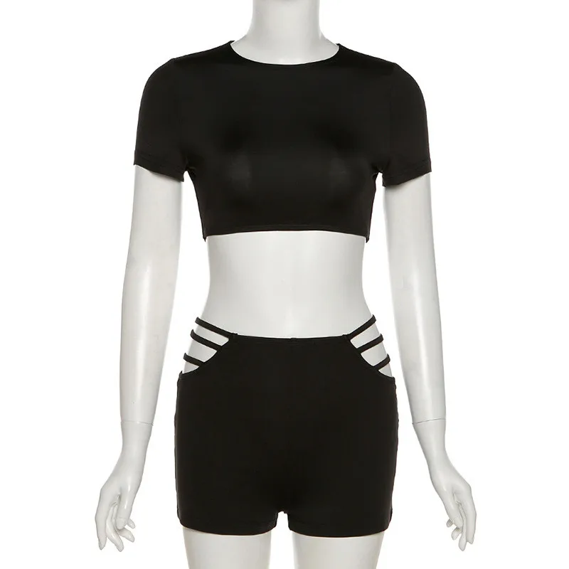 

Casual 2 Piece Set Women Sexy O-neck Short Sleeve Vest And Hollow Out Skinny Shorts Matching Sets Women Solid Female Tracksuits