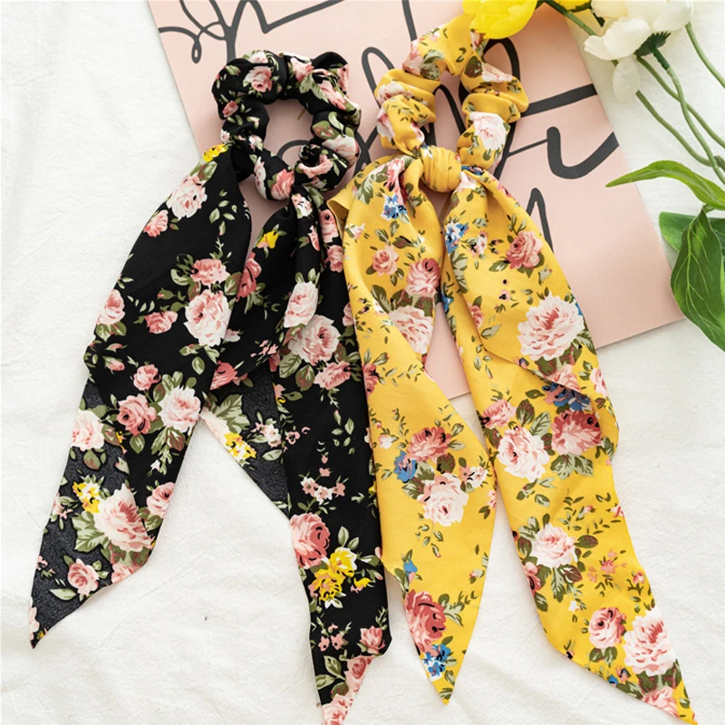 

Rose Print Hair Accessories streamers Color Hair ribbon For Women Ponytail scarf Satin Silk Elastic Hair Bands Hair Accessories