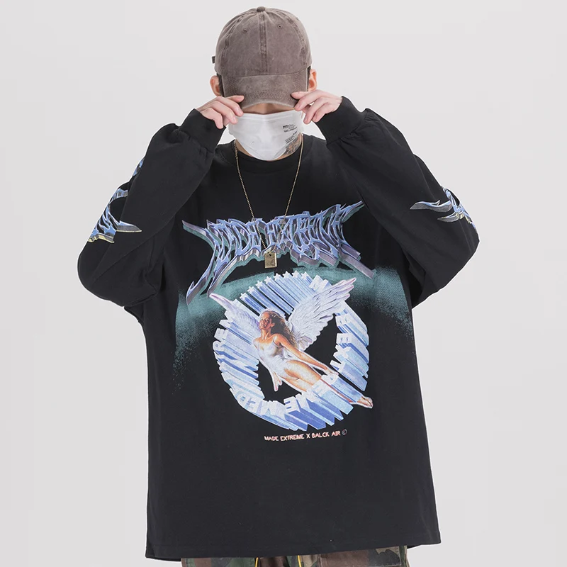 

2021 Men's Hip Hop T Shirt Hip Hop High Street Angel Print Men's Long Sleeve T-shirt