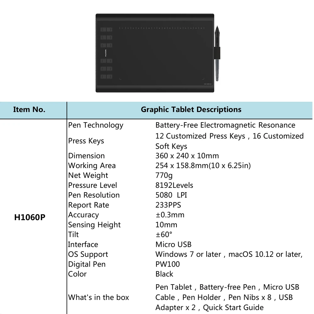 

Original Huion H1060P Graphic Drawing Tablet Micro USB Professional Digital Painting Battery-Free Passive Pen Writing Tablet