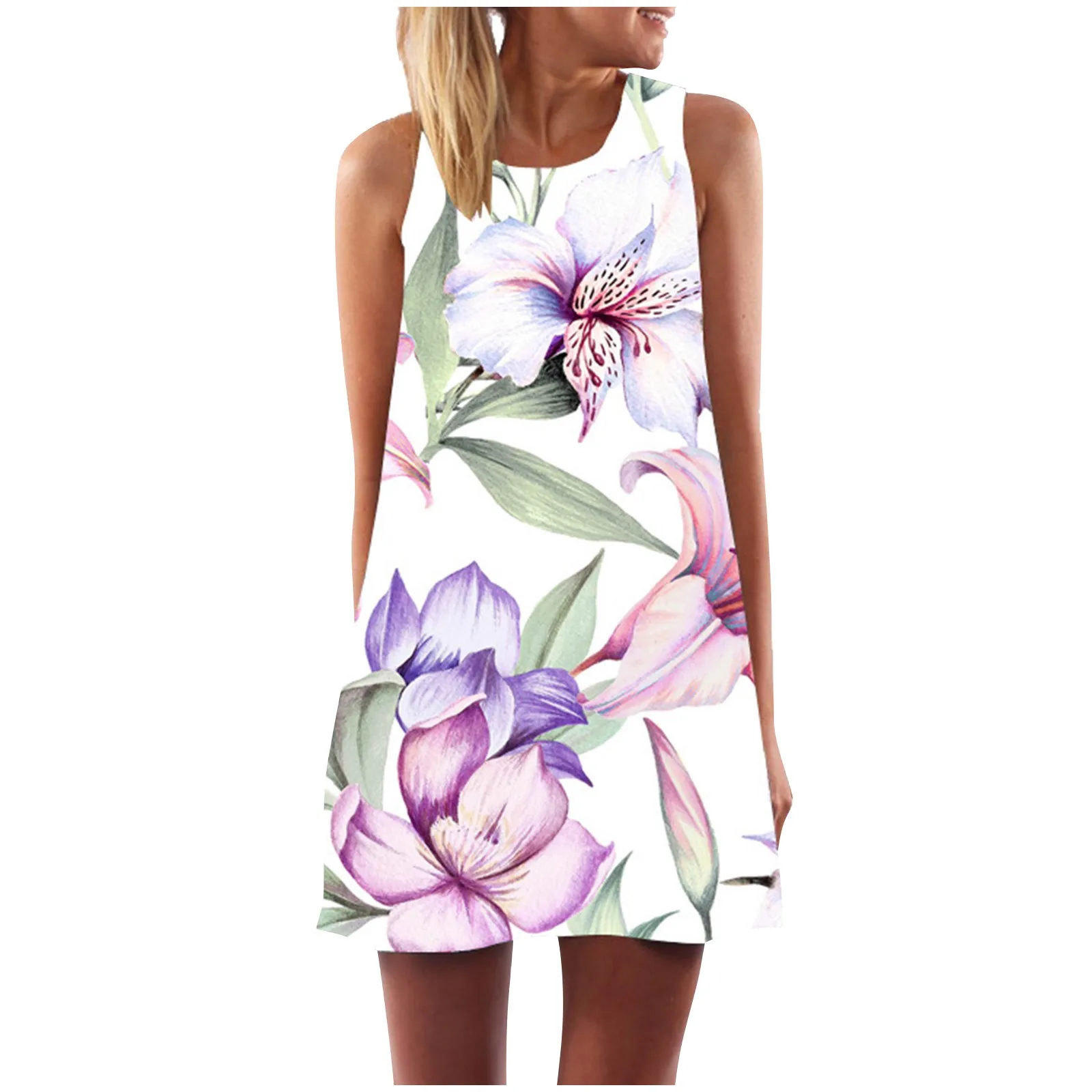 

Летние платья для женщин Свободные Печать Платье с круглым воротником без рукавов, размера плюс, повседневный женский топ 2021 платья