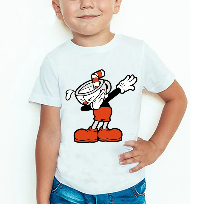 

Новинка 2021, детская забавная футболка с мультяшным принтом Cuphead, удобные топы с коротким рукавом для мальчиков и девочек, детская повседневн...