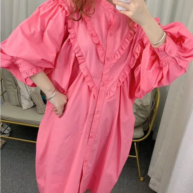 Женское платье рубашка с рукавами фонариками [EWQ] Розовое свободное оборками в