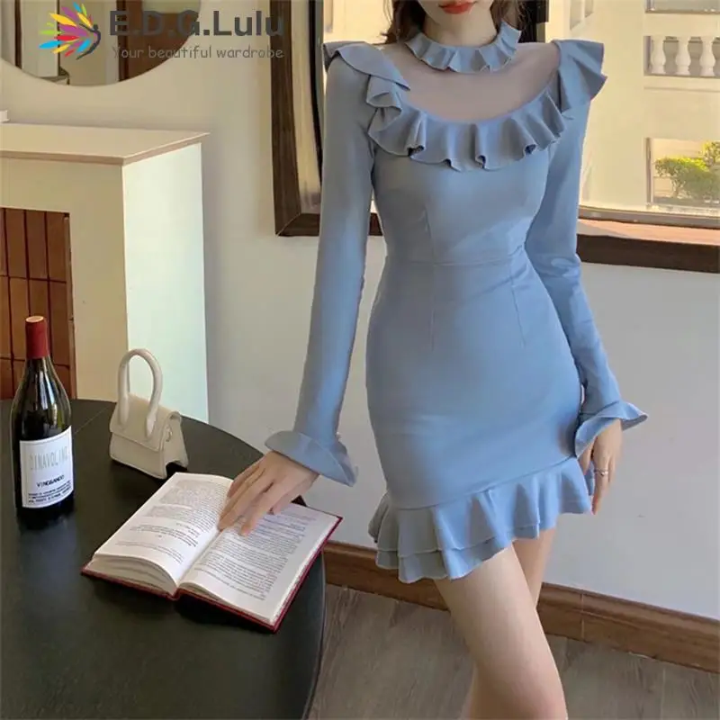 

EDGLuLu осень o-образный вырез сетка пэчворк расклешенные рукава мини облегающее платье повседневное свет элегантности синее черное платье с о...