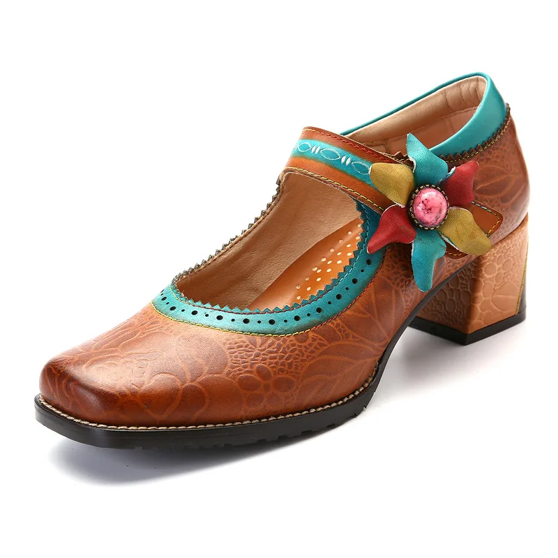Colorful Women Pumps Breathable Stitching Painted Flower Genuine Leather Buckle Strap 3-5CM Square High heels Women Shoes