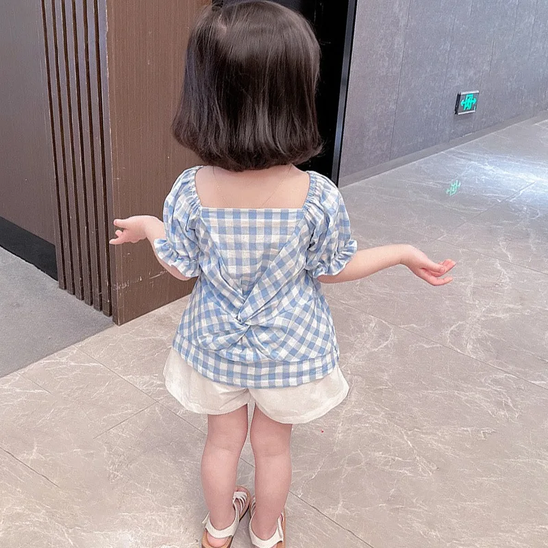 

hot sale kid girl 2pcs set Lovely Plaid Blouse Comfortable short sleeve top +white shorts Summer children clothing for girl