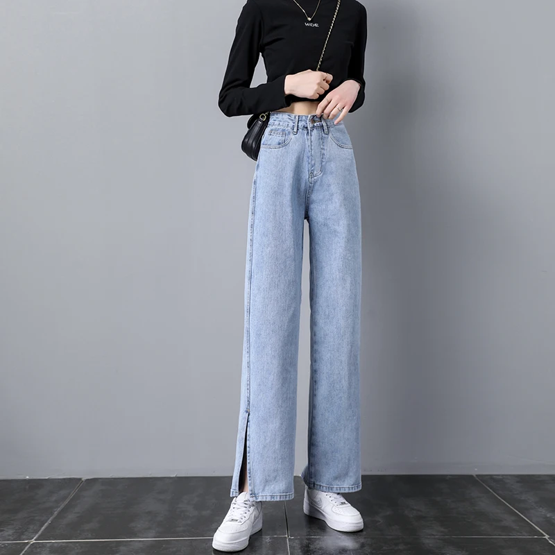 

TongSiHai Jeans for Women Ladies Fashion High Waist Side Split Fork Denim Pants Girls Casual Wide Leg Trousers Vaqueros De Mujer