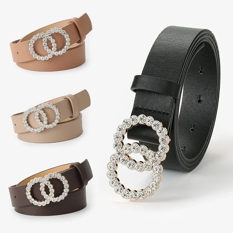 

Women Double Ring Buckle Belt Alloy Hasp Leather Belts For Ladies Figure 8 Rhinestone Inlaid Belts For Jeans Designer Waistband