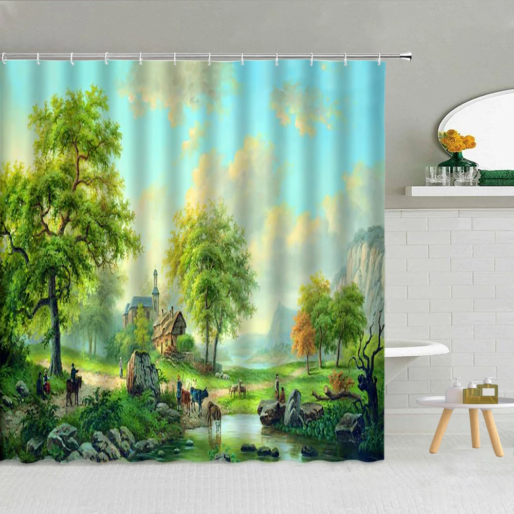 

Natural Scenery Oil Painting Shower Curtains Wood Boat Swan Lake Sunrise Landscape Bath Curtain Bathroom Decor Waterproof Cloth