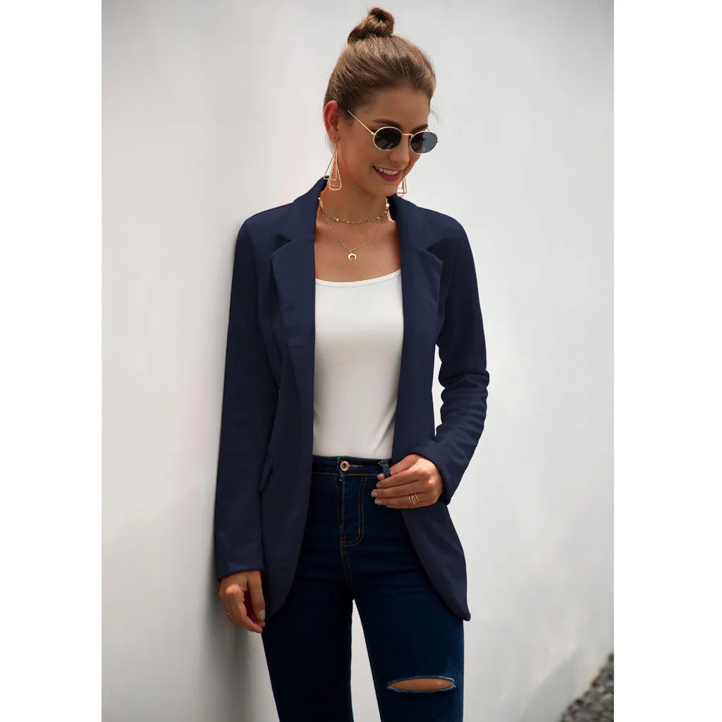 Приталенные блейзеры, женский осенний костюм, пиджак, Женский офисный костюм, черный, без пуговиц, деловой Блейзер, пальто, feminino