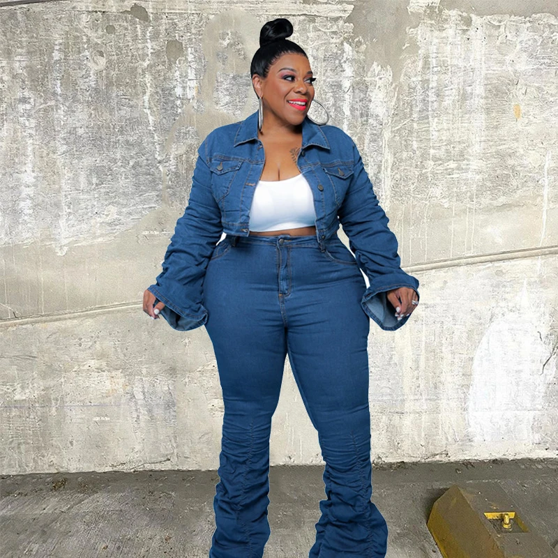 Plus Size Sets Clothing Women Two Piece Set Fall Outfits Long Sleeve Denim Coat and Jeans Stacked Pant Dropshipping Wholesale